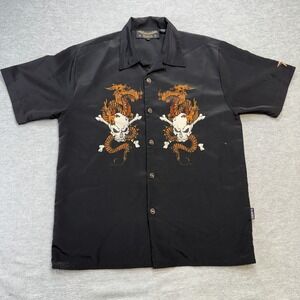 N. SIXX Dragonfly Shirt Mens Medium Black Camp Embroidered Skull Drago Flame Y2K